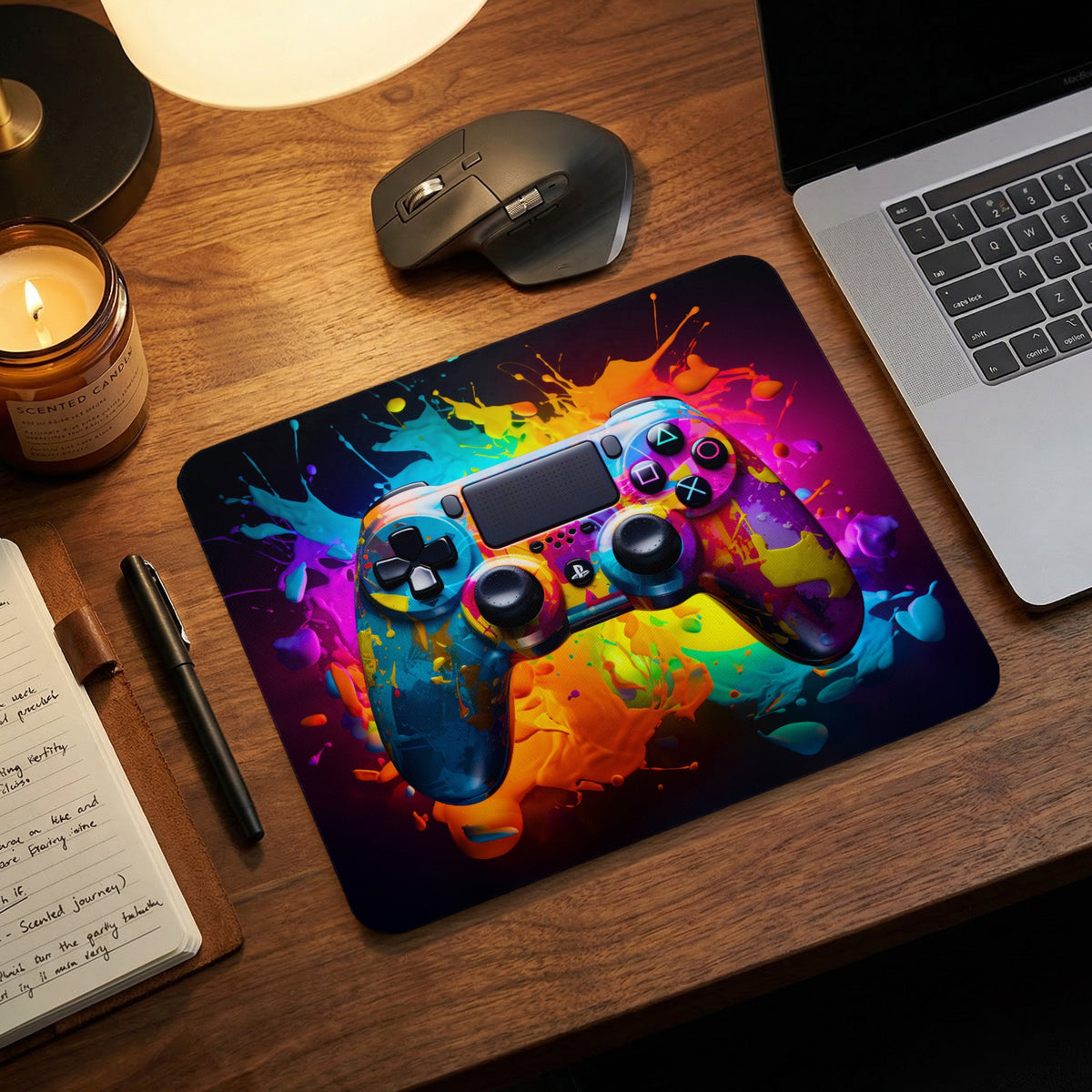 A gaming mouse pad featuring a colorful paint splatter design with a game controller on a wooden desk.