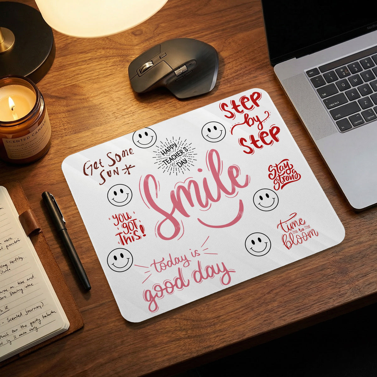 Mousepad with "Smile," "Happy Teacher's Day," and motivational phrases.