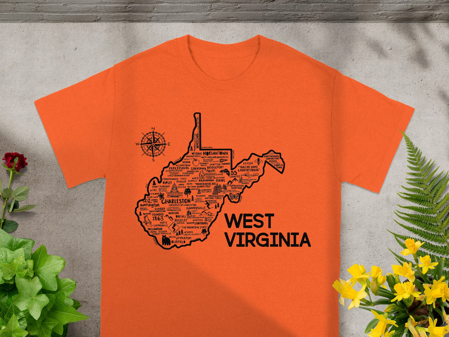 West Virginia Map Design Orange T-Shirt for Travel Lovers