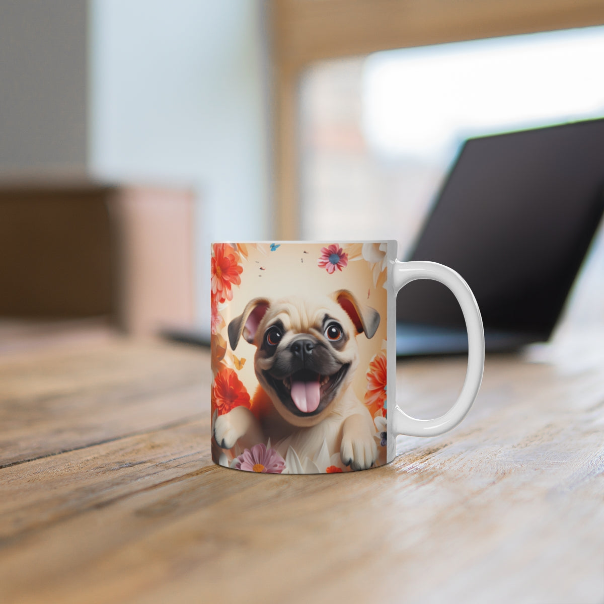 Adorable Pug with Colorful Flowers Design Mug