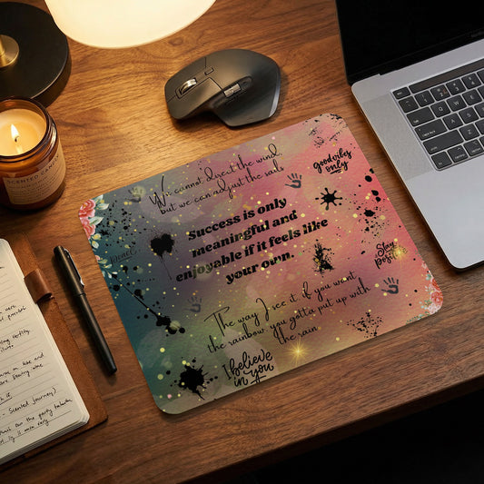 Mousepad with inspirational quotes and floral accents on a colorful background.
