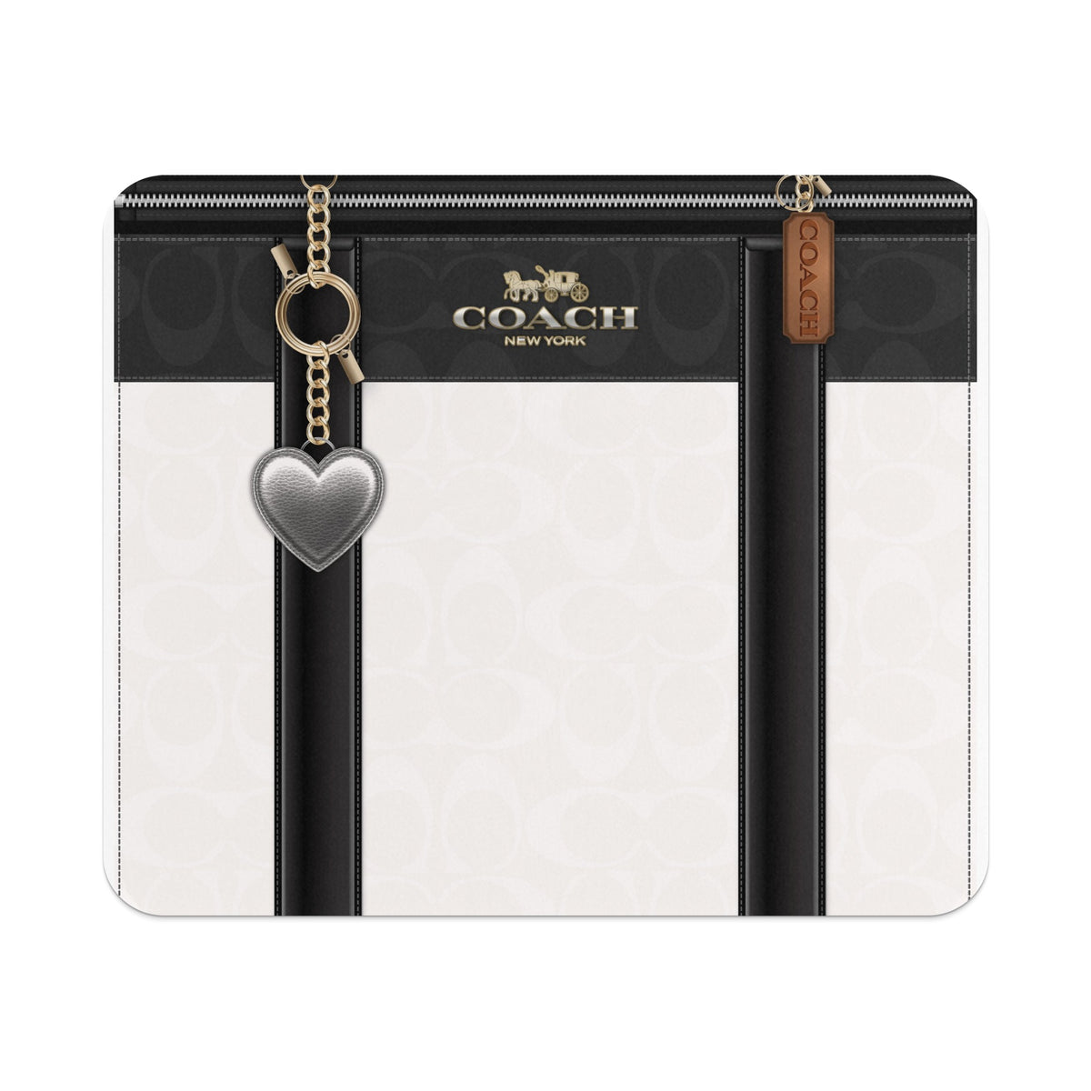 Coach New York logo with a silver heart charm and brown leather tag on a patterned bag.