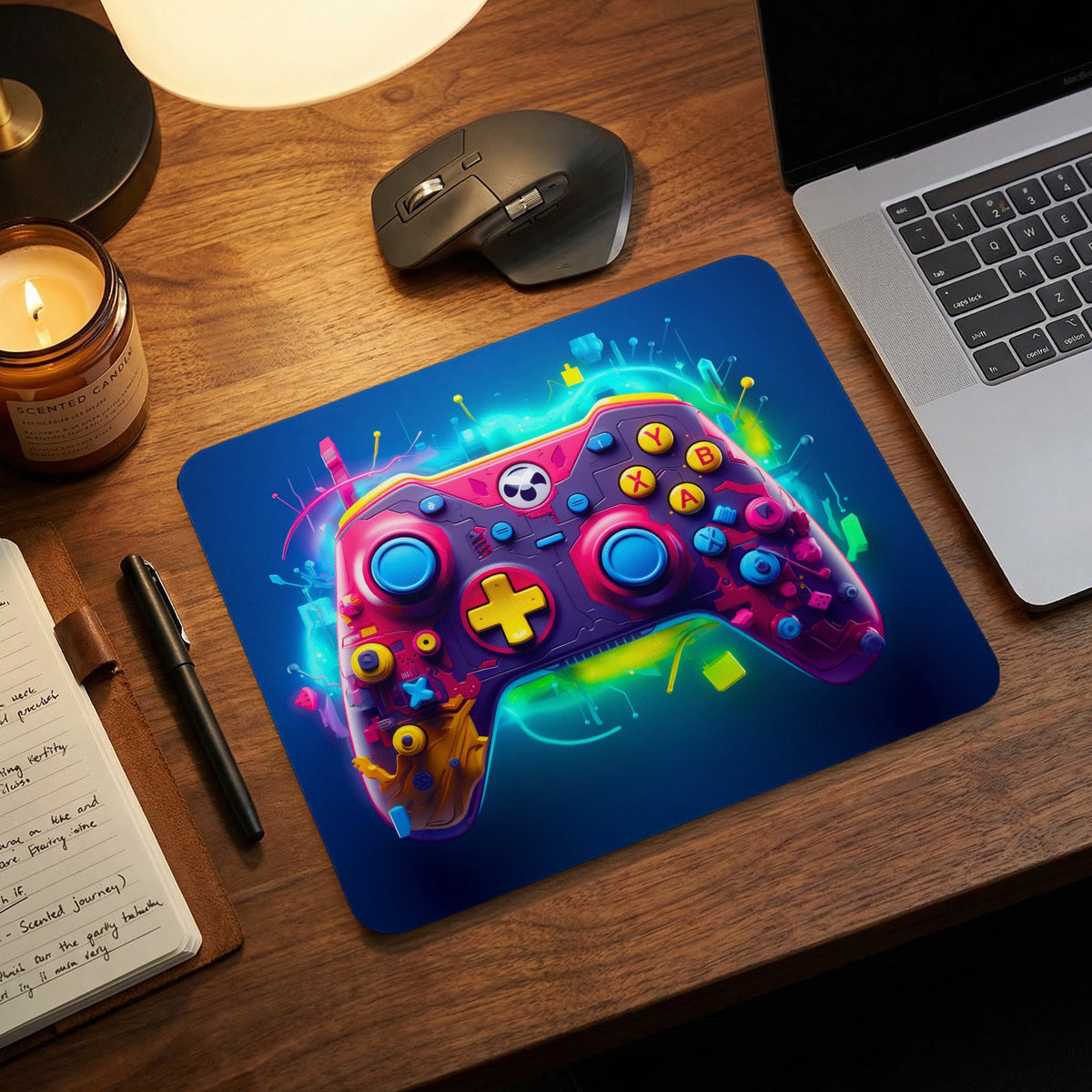 A colorful blue mouse pad with a vibrant neon gaming controller illustration on a wooden desk.