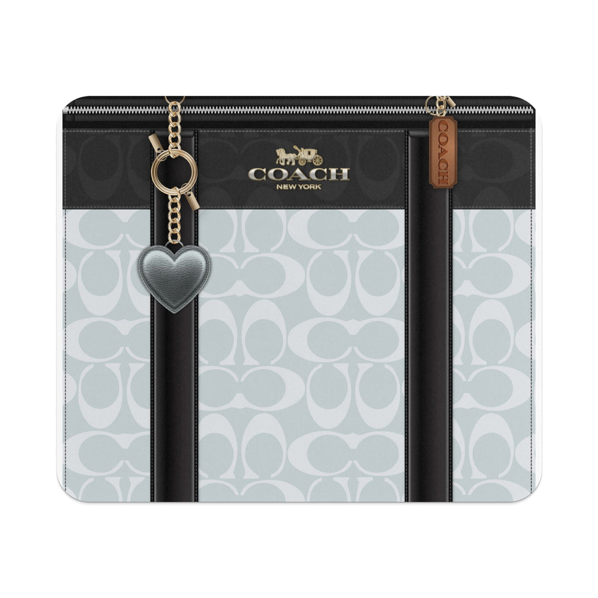 Coach logo print wallet with heart charm and leather tag.