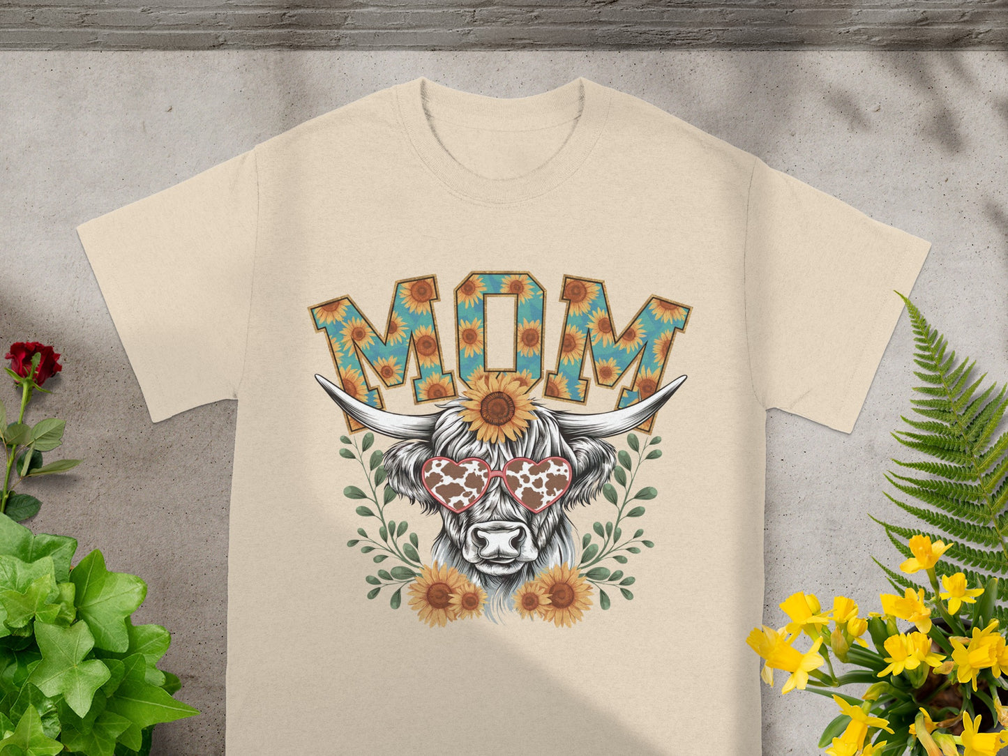 Floral Mom Cow Graphic Tee with Heart Sunglasses