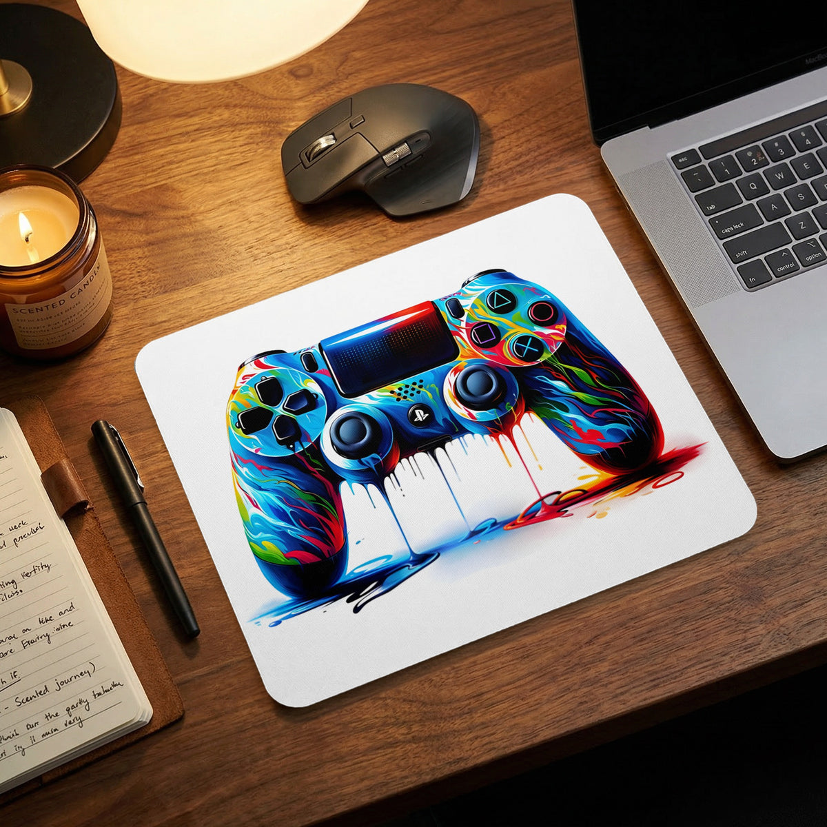 A white mousepad featuring a colorful, melting game controller illustration rests on a wooden desk.