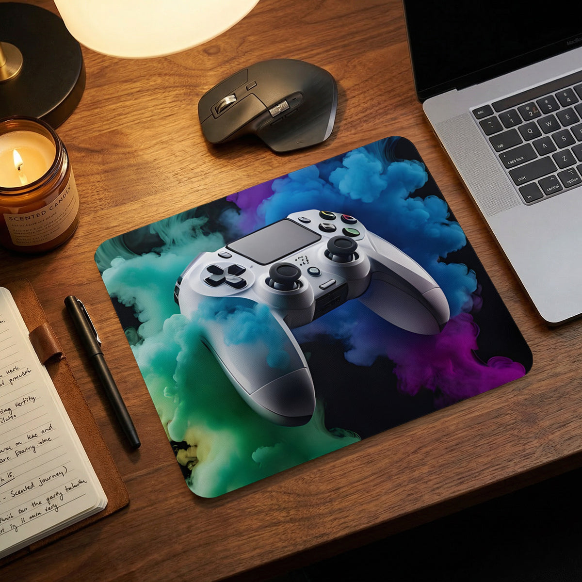 A gaming mousepad featuring a white controller surrounded by colorful smoke on a wooden desk.