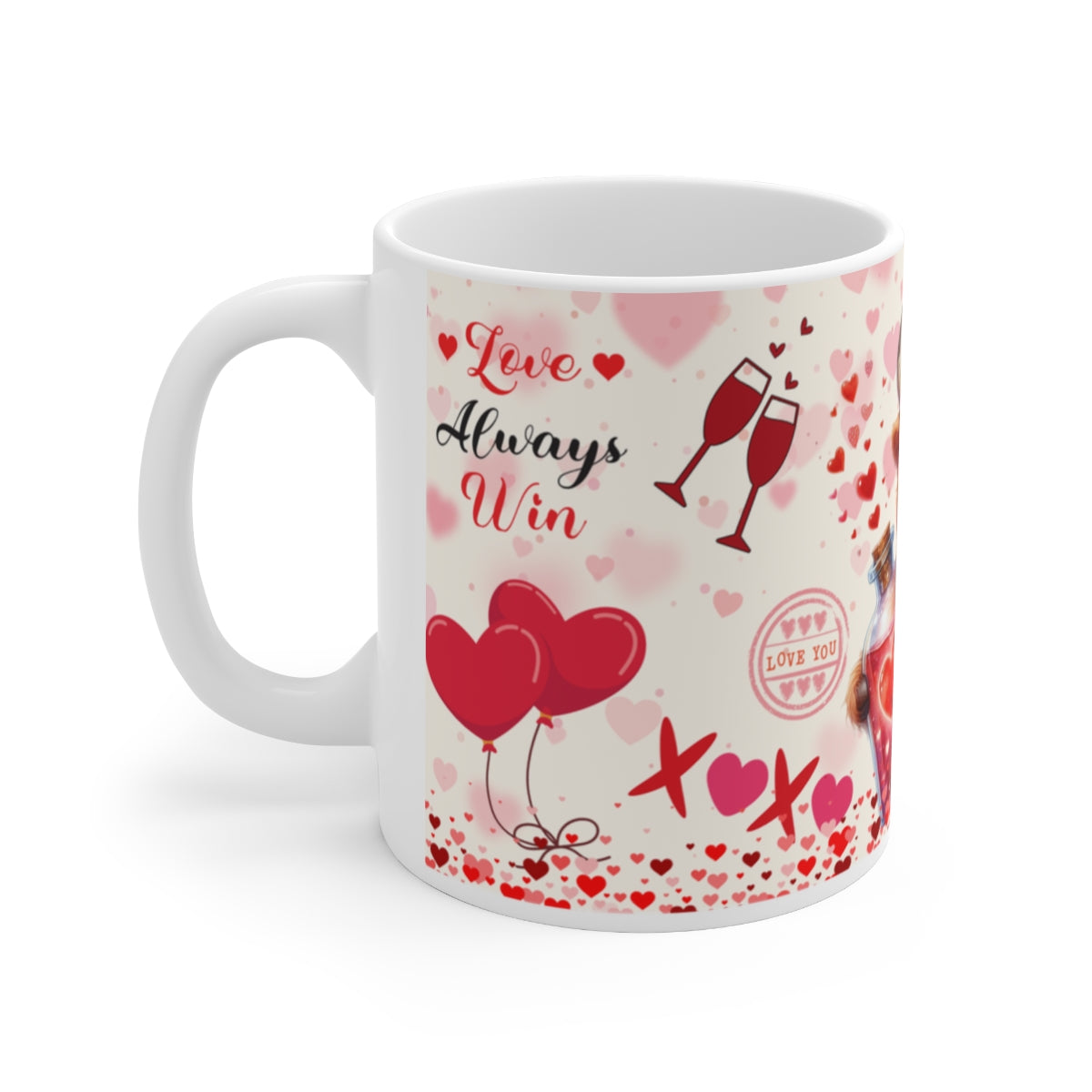 Love Always Win Romantic Hearts and Balloons Mug