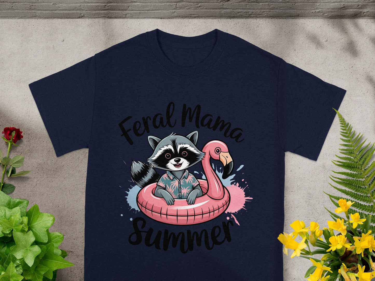 Feral Mama Summer Raccoon Flamingo Graphic Tee Shirt