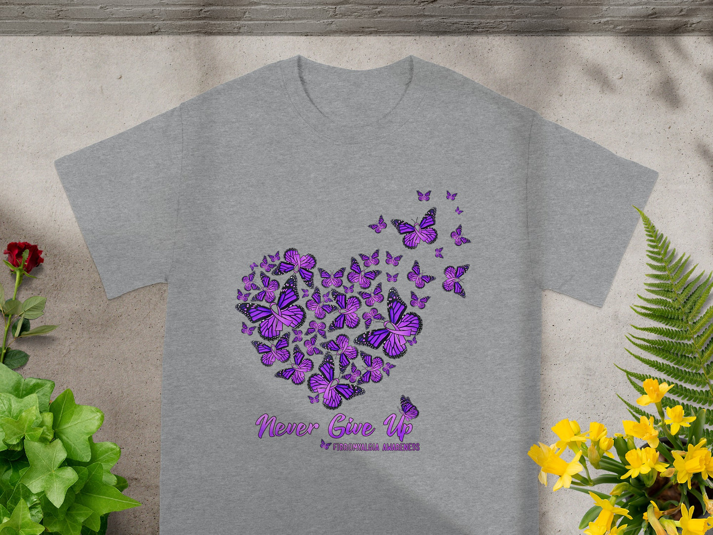 Never Give Up Butterfly Heart Fibromyalgia T-shirt