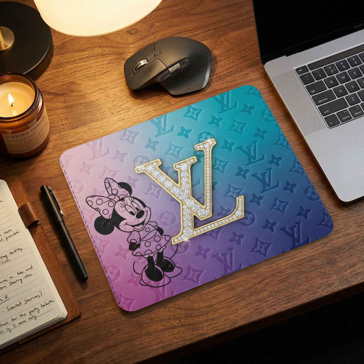Minnie Mouse and diamond LV logo on a gradient mousepad.