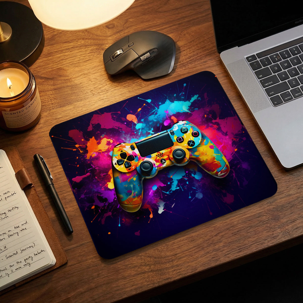 Mouse pad featuring a vibrant, colorful game controller design on a wooden desk.