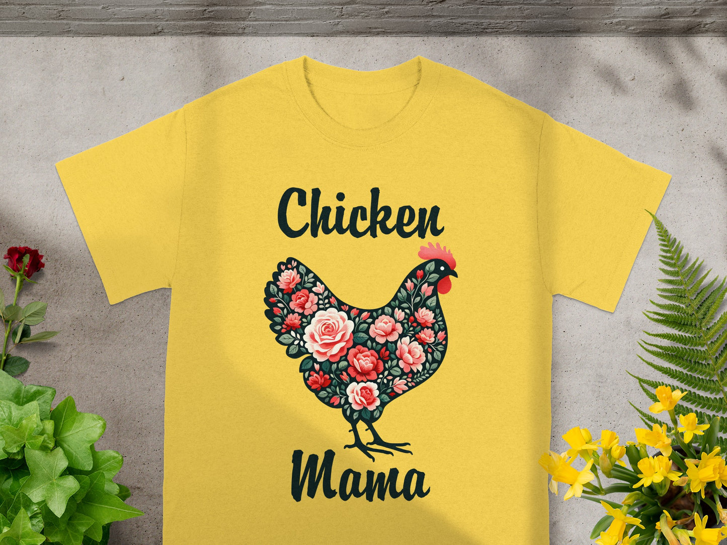 Chicken Mama Floral Design Yellow T-Shirt