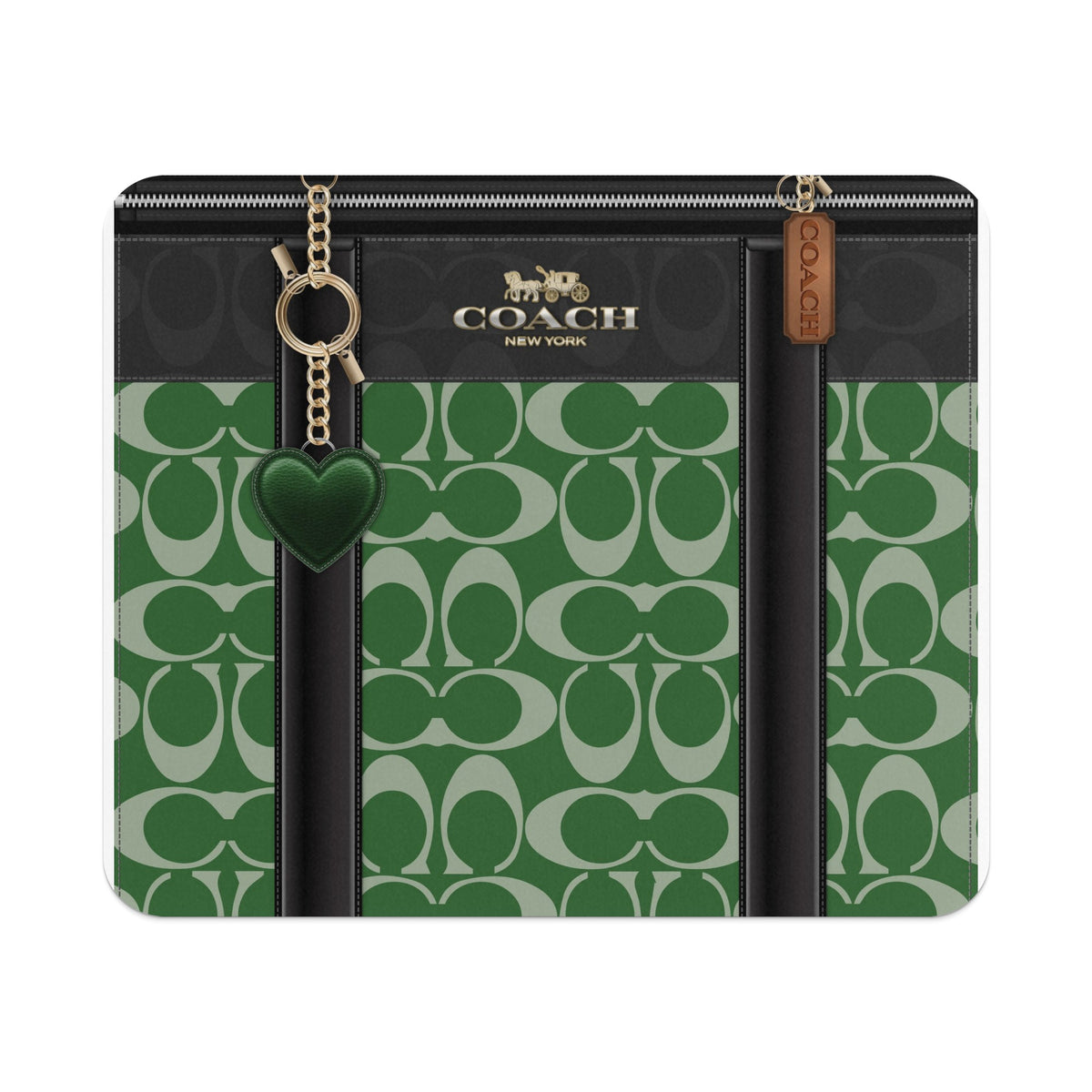 Coach bag with green and white monogram pattern, gold hardware, and heart charm.