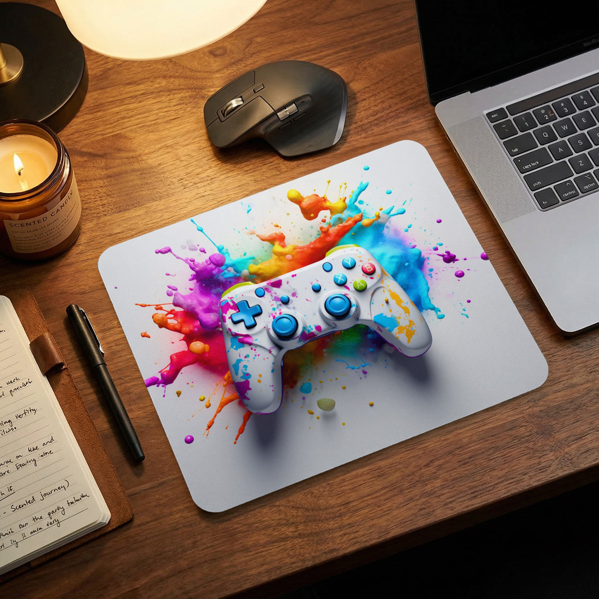 White mousepad featuring a colorful paint splatter design and a white gaming controller on a wooden desk.
