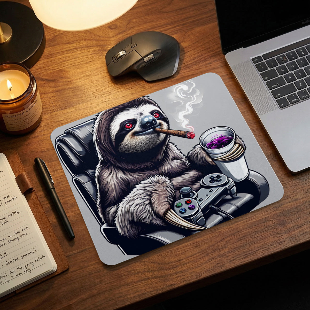 A mouse pad featuring an illustrated sloth holding a game controller and smoking a cigar.