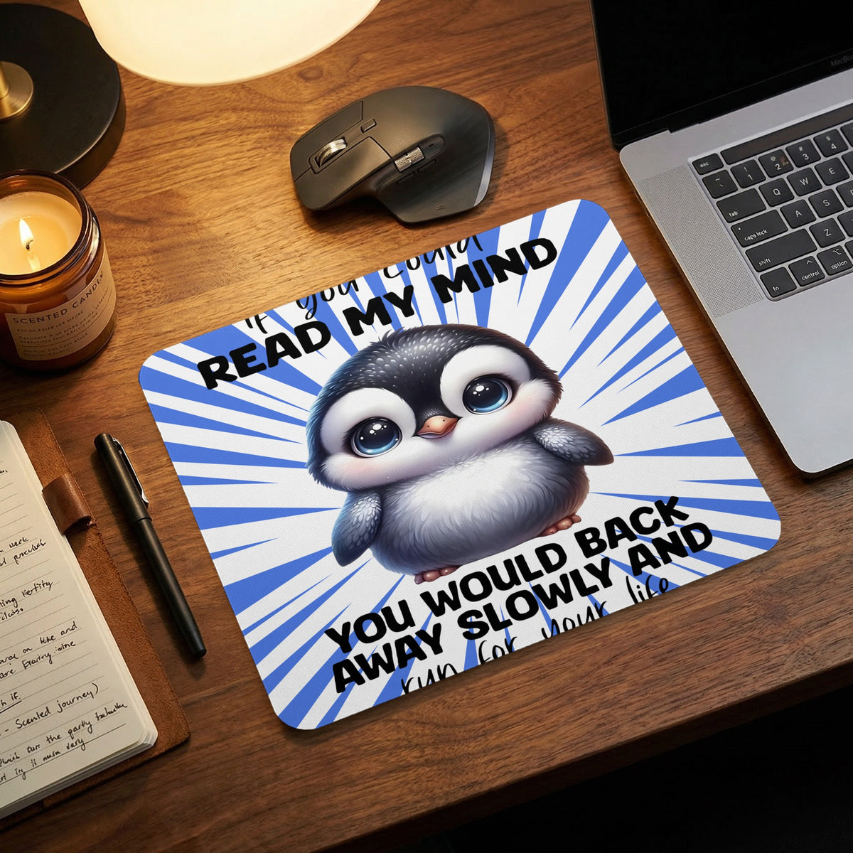 A mouse pad featuring a cartoon penguin against a blue striped background with text.