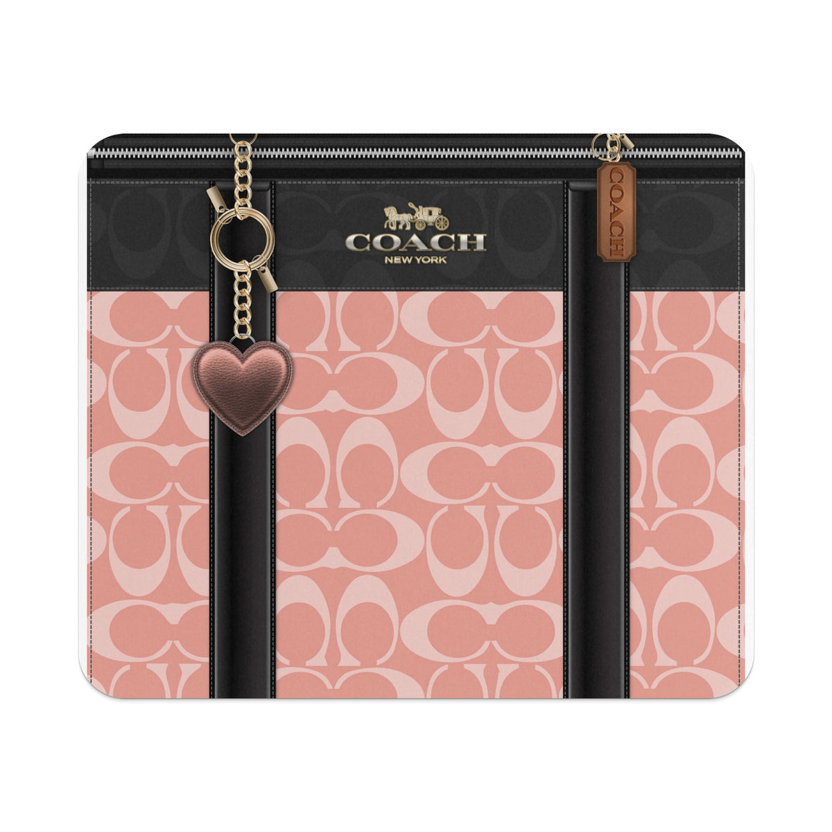 Coach New York wallet with signature pattern and heart charm.