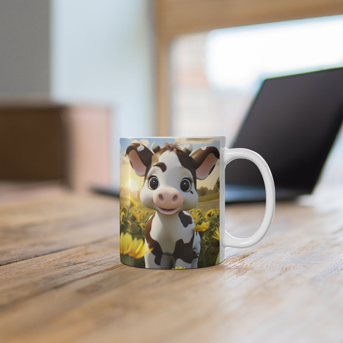 Adorable Cartoon Cow in Sunflower Field Mug