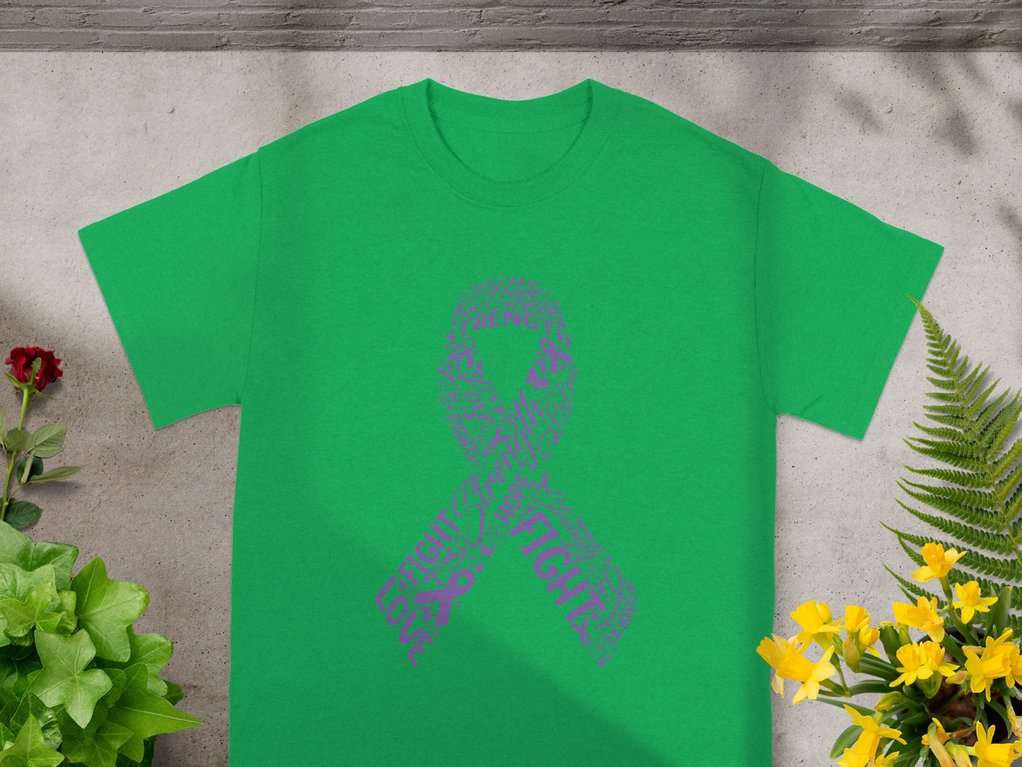 Green T-Shirt with Purple Support Ribbon Design