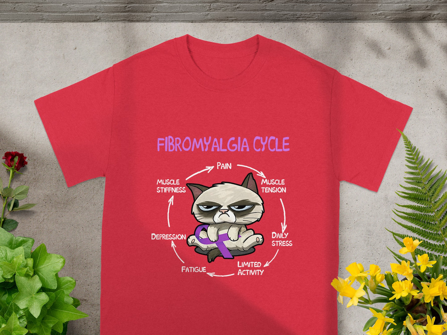 Fibromyalgia Cycle Cat Design Red T-Shirt