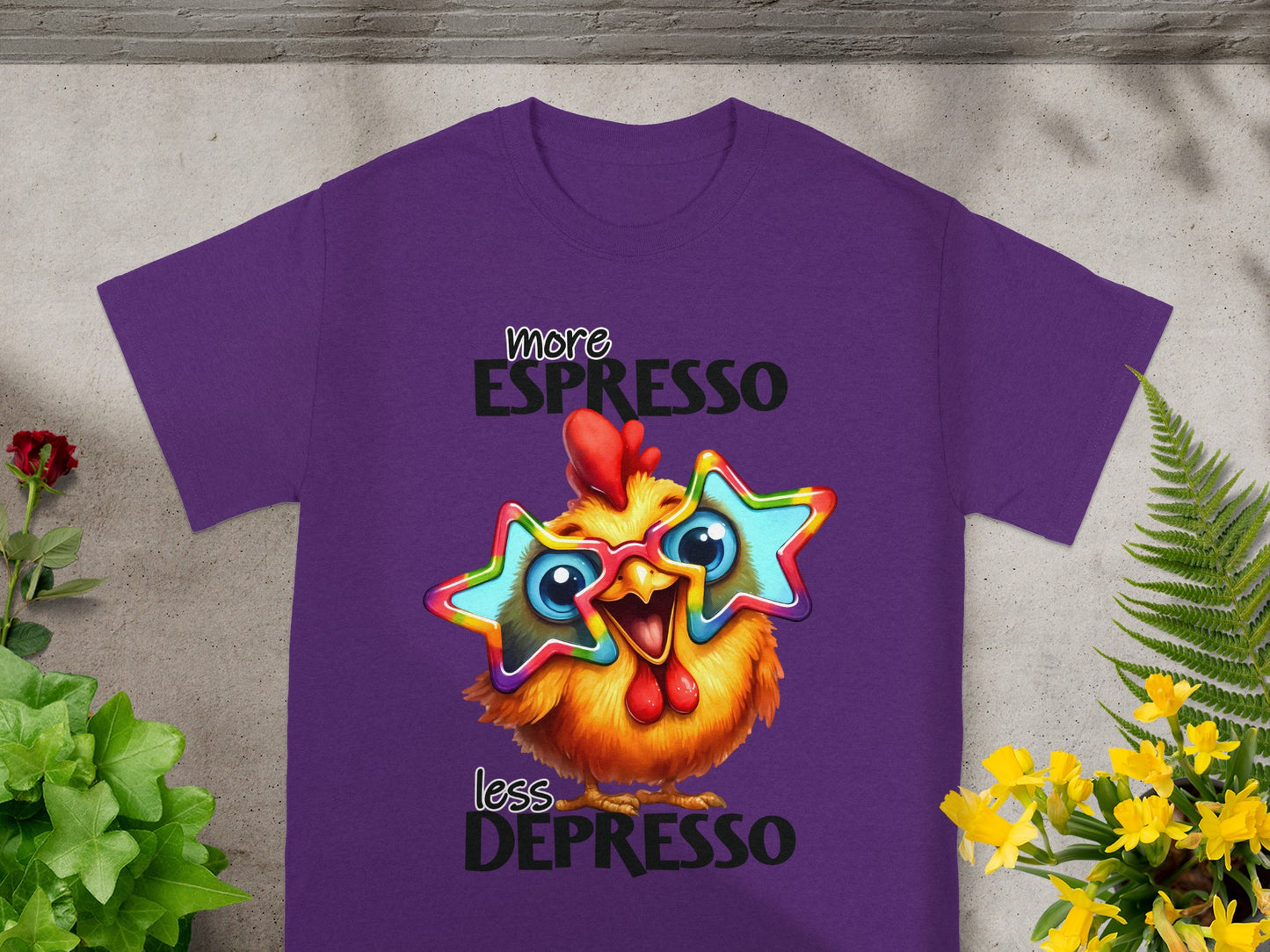 More Espresso Less Depresso Fun Chicken Graphic T-Shirt