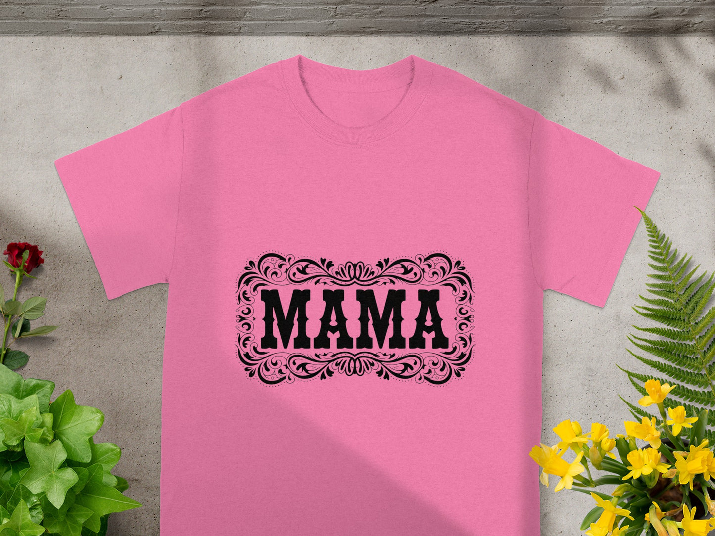 Pink Shirt with Mama Graphic and Floral Design