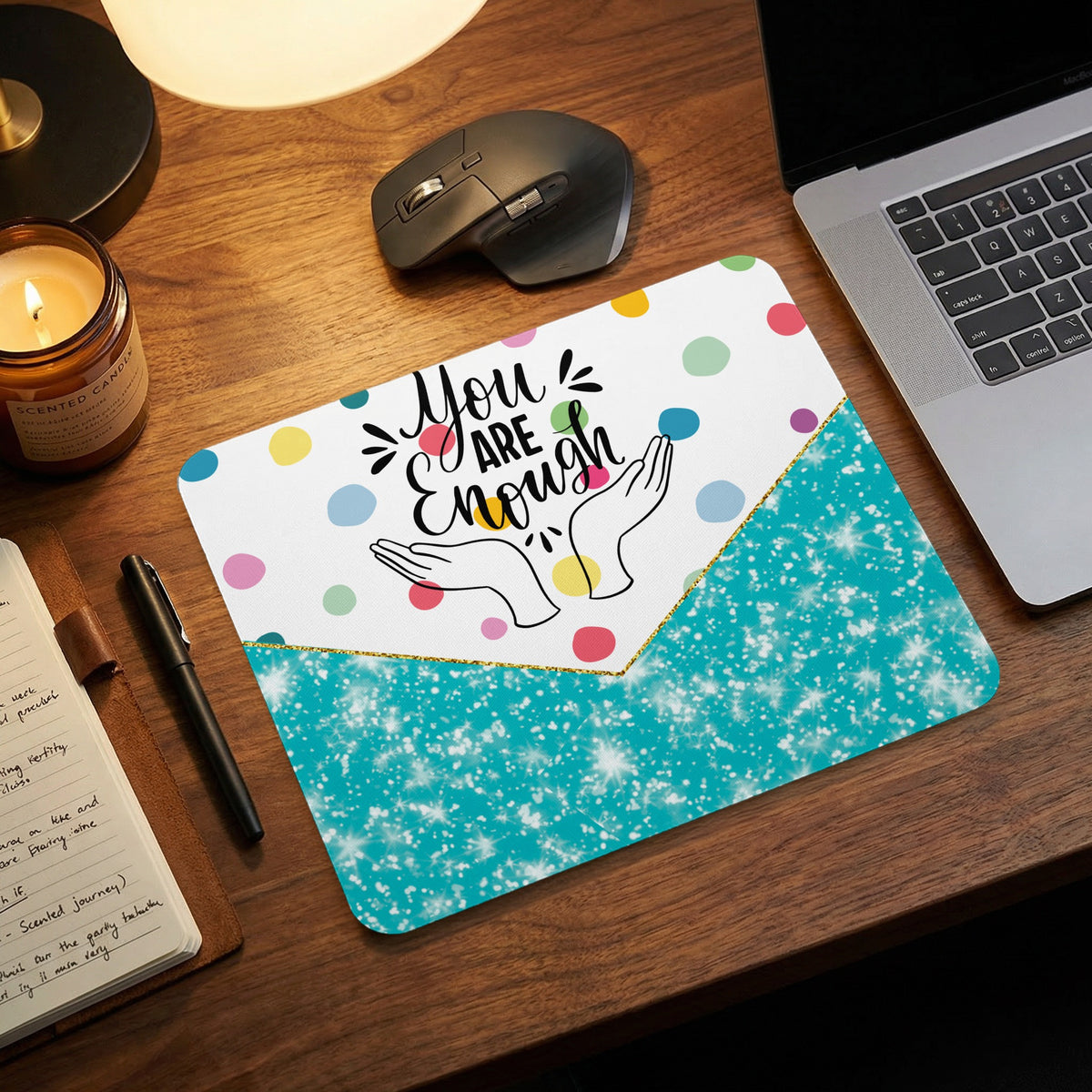Mousepad with "You ARE Enough" text, polka dots, and blue glitter design.
