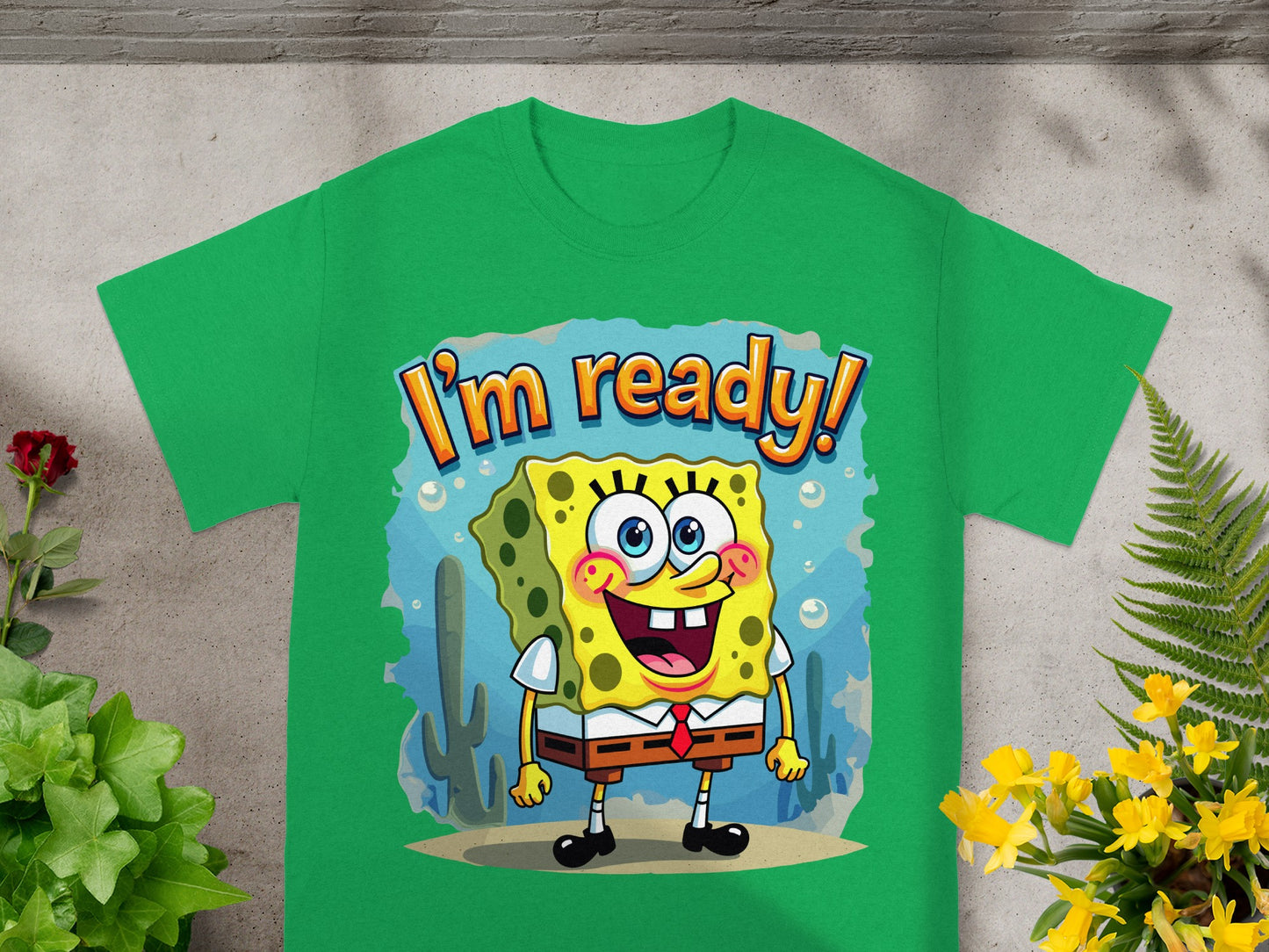 Green t-shirt with Spongebob Squarepants graphic and "I'm ready!" text.