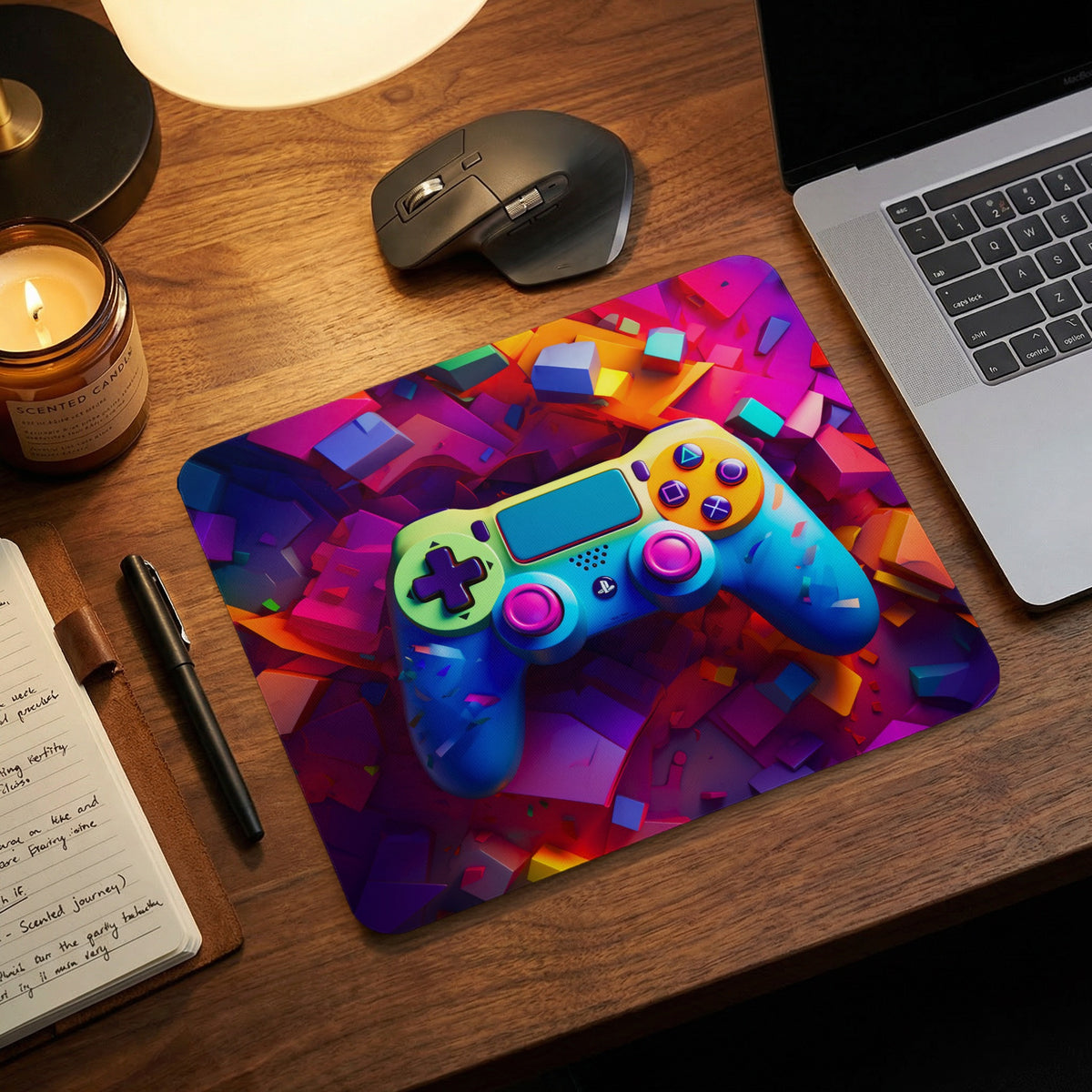 A colorful gaming mousepad featuring an abstract gamepad design sits on a wooden desk.