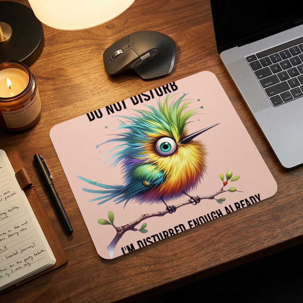 A pink mousepad featuring a colorful, wide-eyed bird on a branch with humorous text.