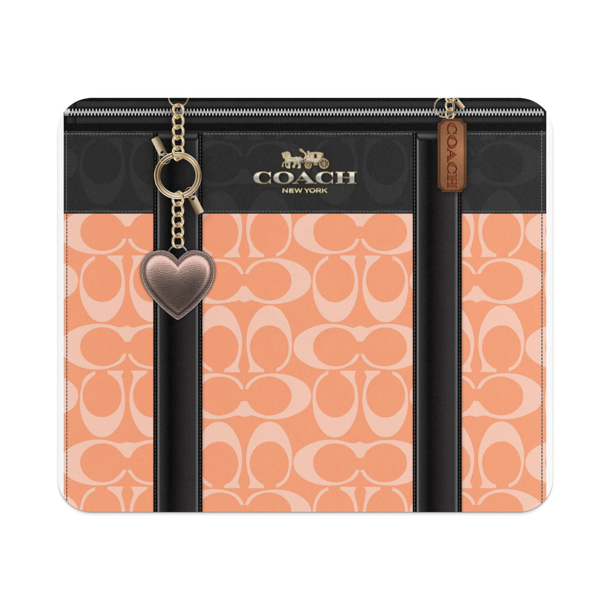 Coach monogram pattern with black trim, heart charm, and logo.