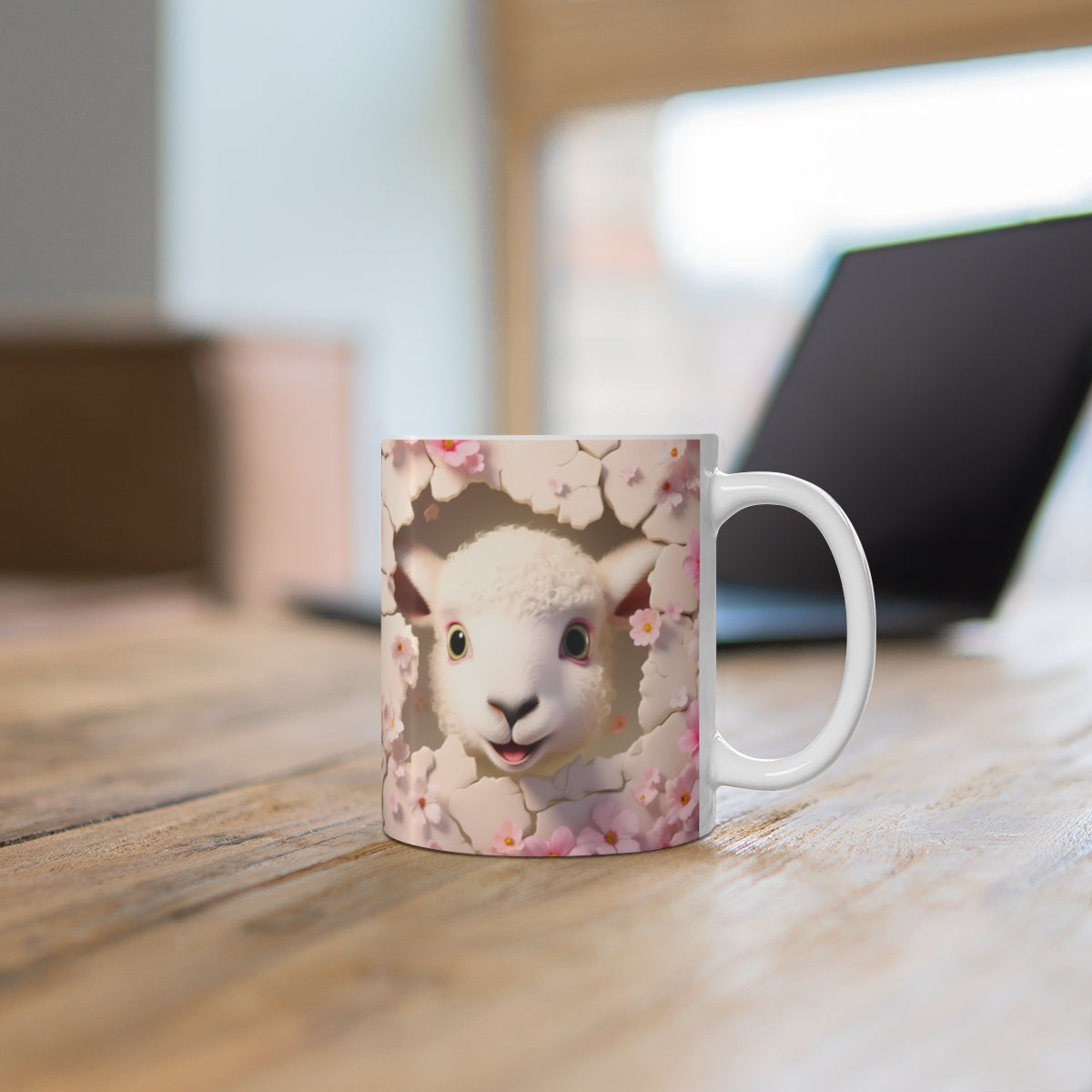 Cute Lamb Peeking Through Cherry Blossoms Mug