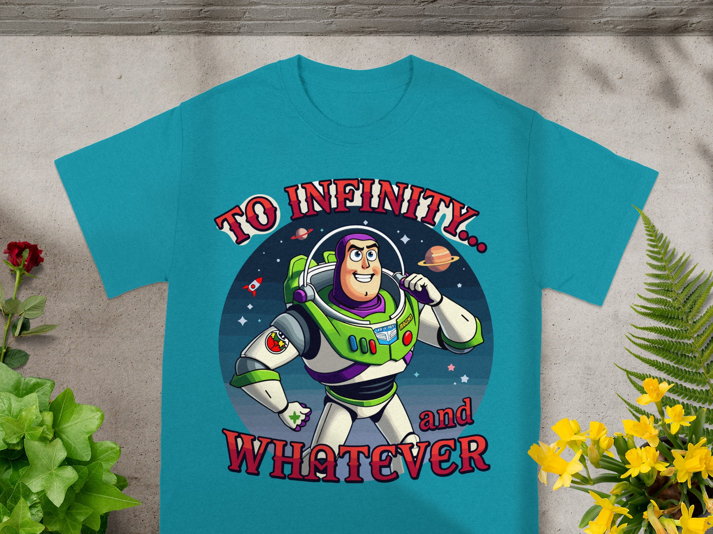 Buzz Lightyear graphic t-shirt with text "To infinity... and whatever."