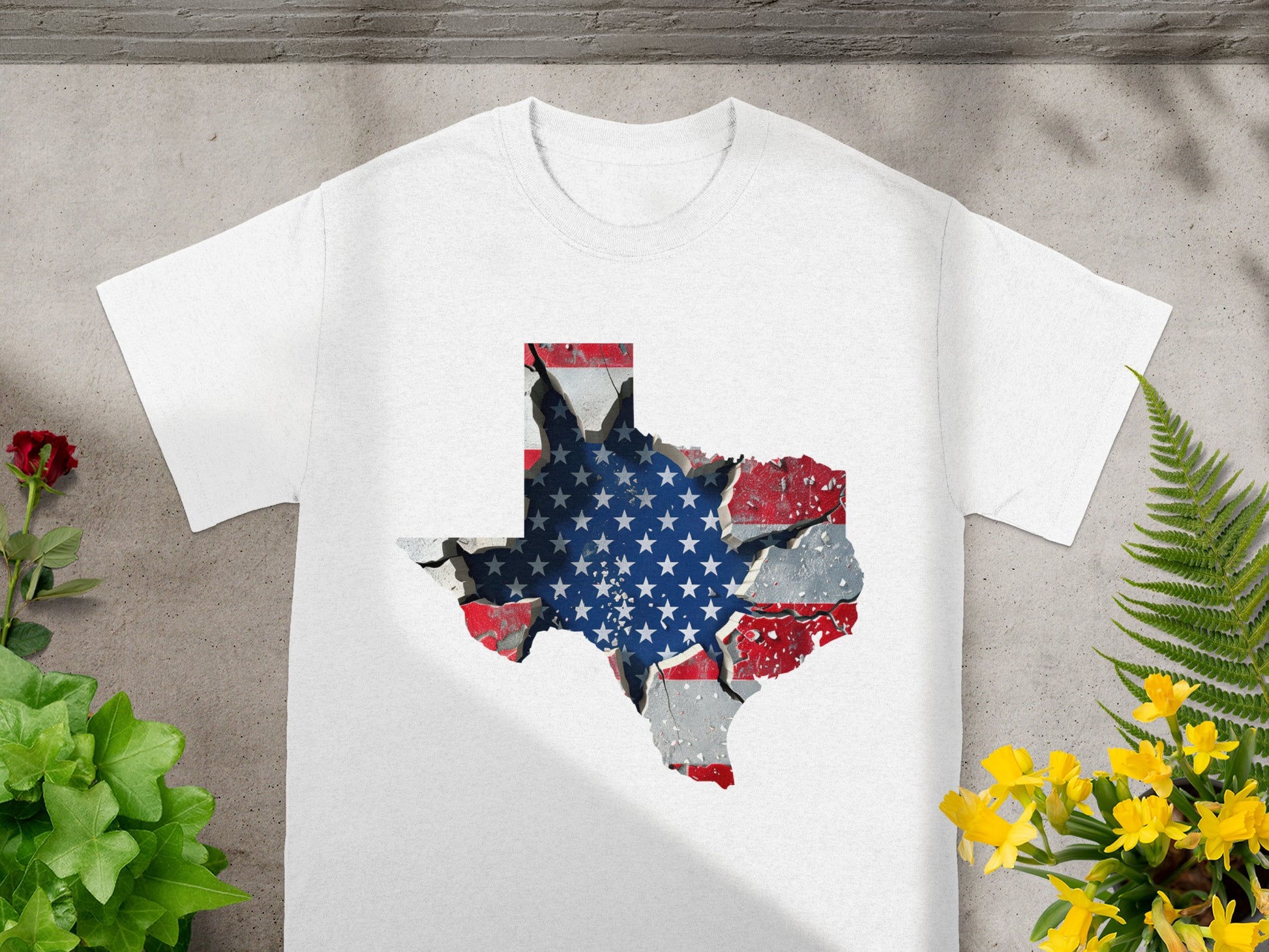White t-shirt with a cracked Texas outline filled with the US flag design