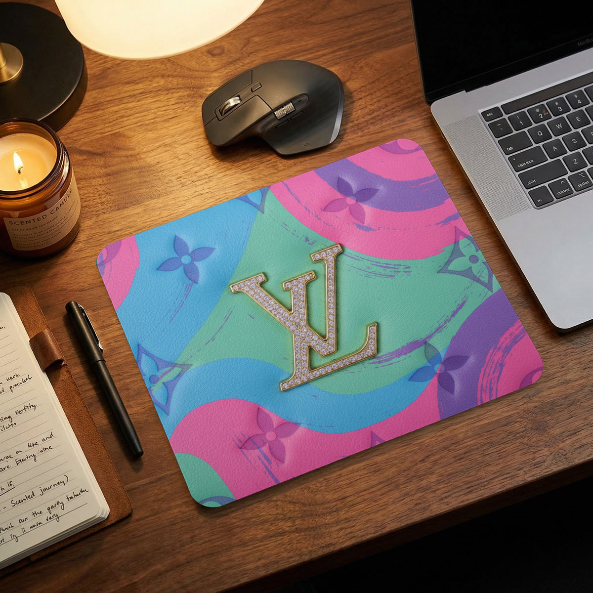 Gold LV logo on a colorful floral pattern mousepad with a laptop and mouse.