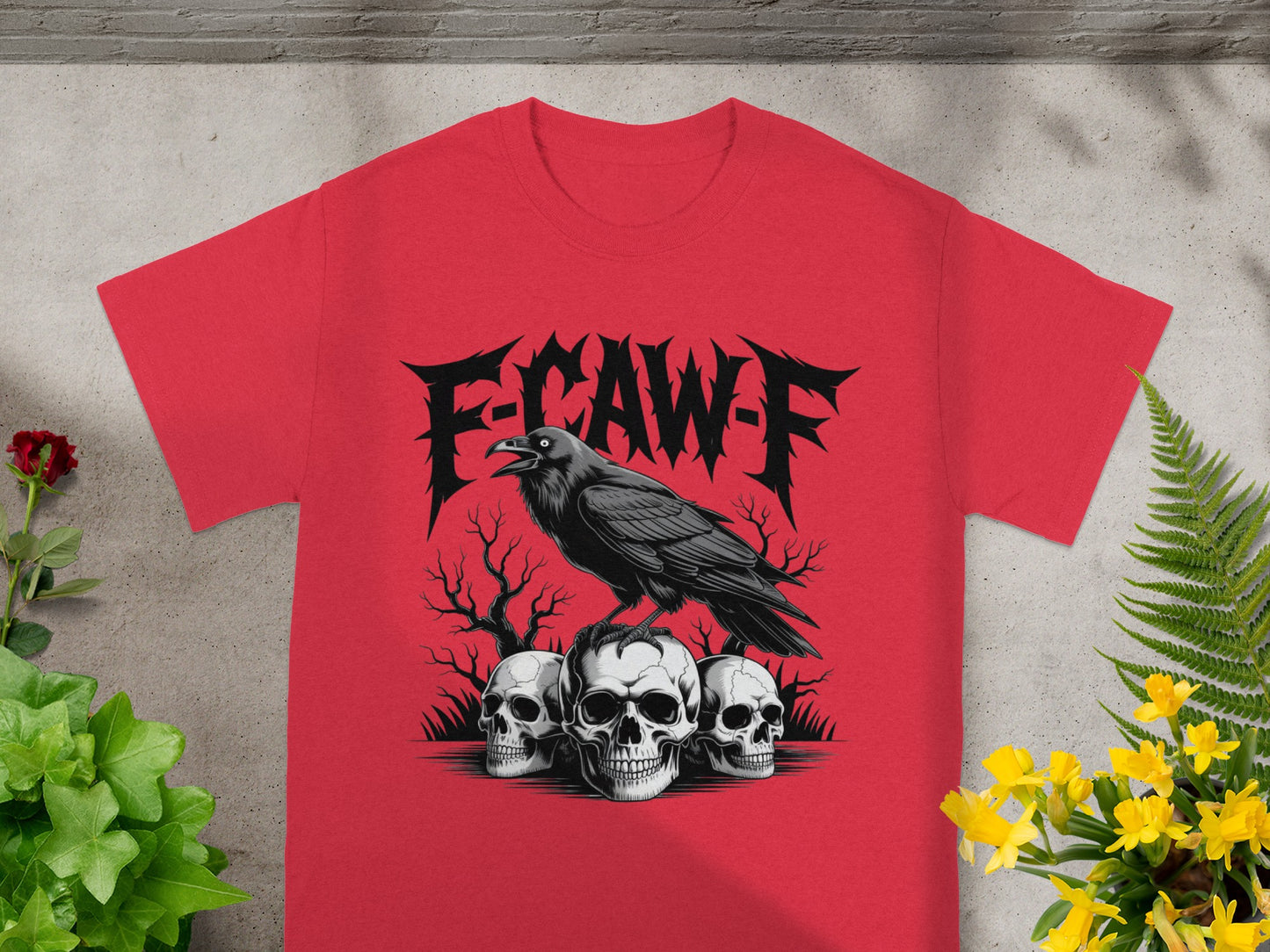 E-CAW-F Raven and Skulls Graphic Red T-Shirt