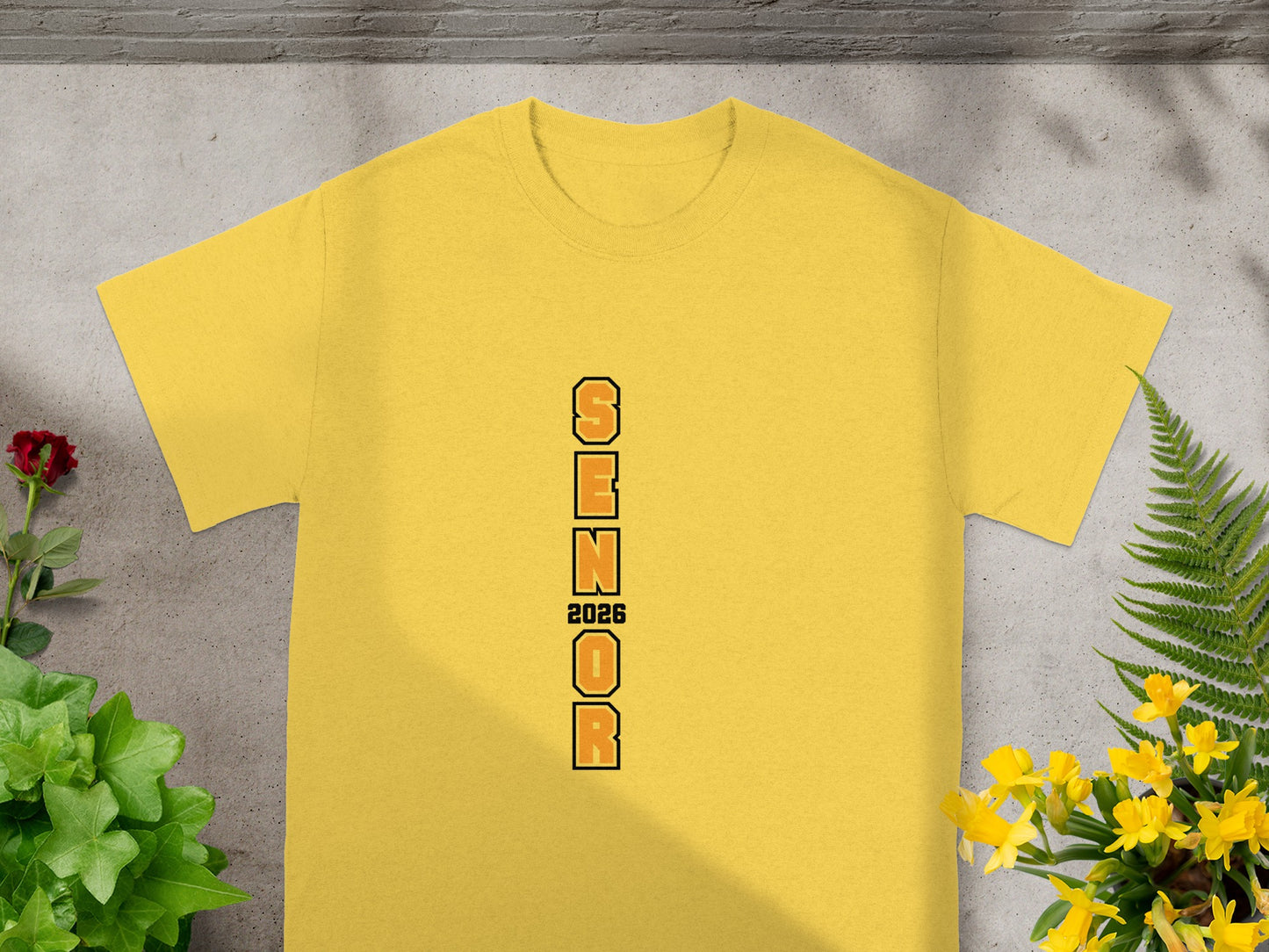 SENIOR 2026 themed yellow t-shirt perfect for students