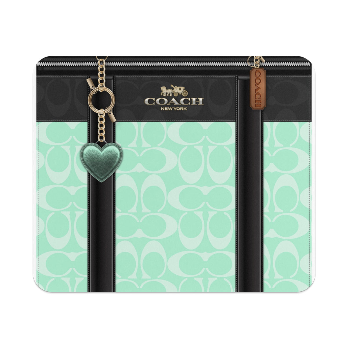 Coach wallet with black and mint green monogram pattern and heart charm.