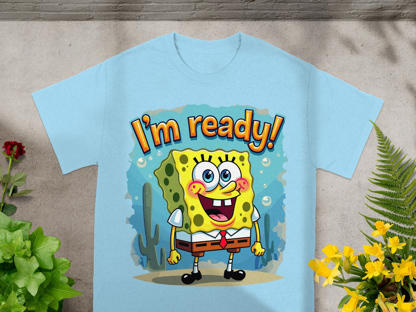 Light blue t-shirt with Spongebob Squarepants saying "I'm ready!".