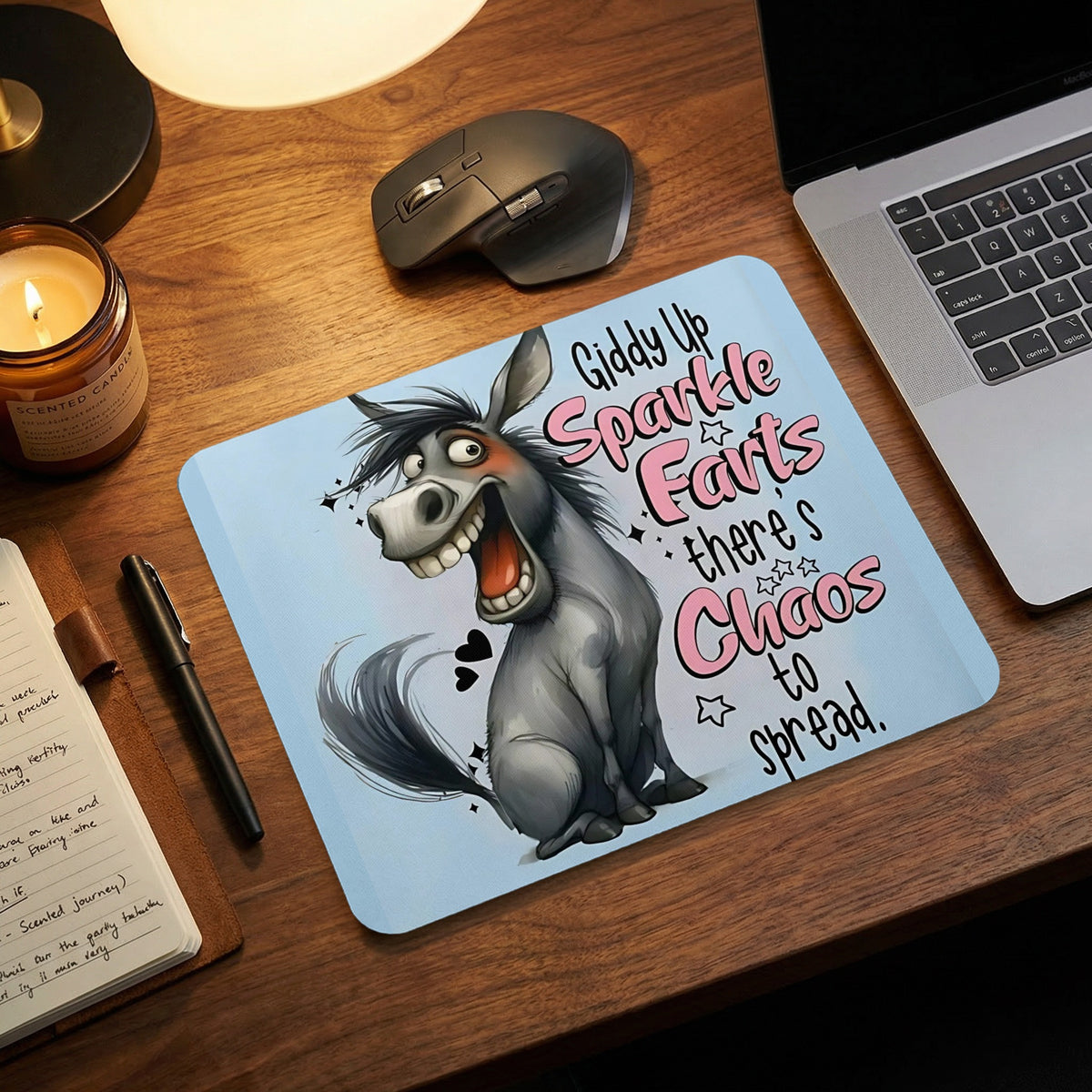 A light blue mousepad featuring a cartoon donkey and the text Giddy Up Sparkle Farts, There's Chaos to Spread.