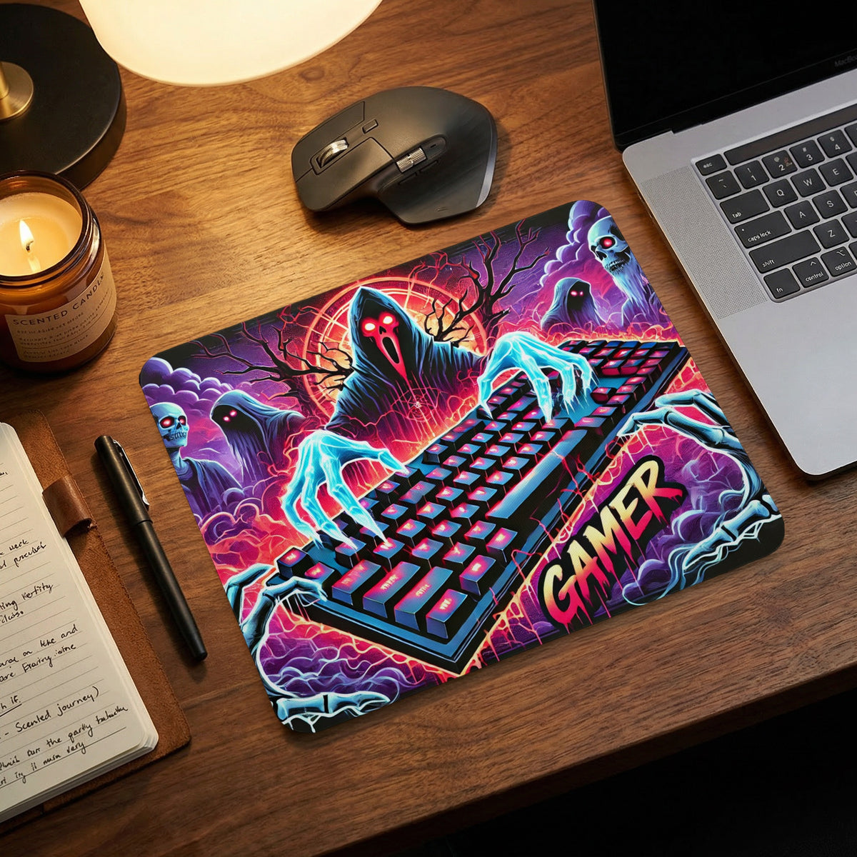 A rectangular mouse pad with colorful fantasy ghost art featuring a keyboard on a wooden desk.