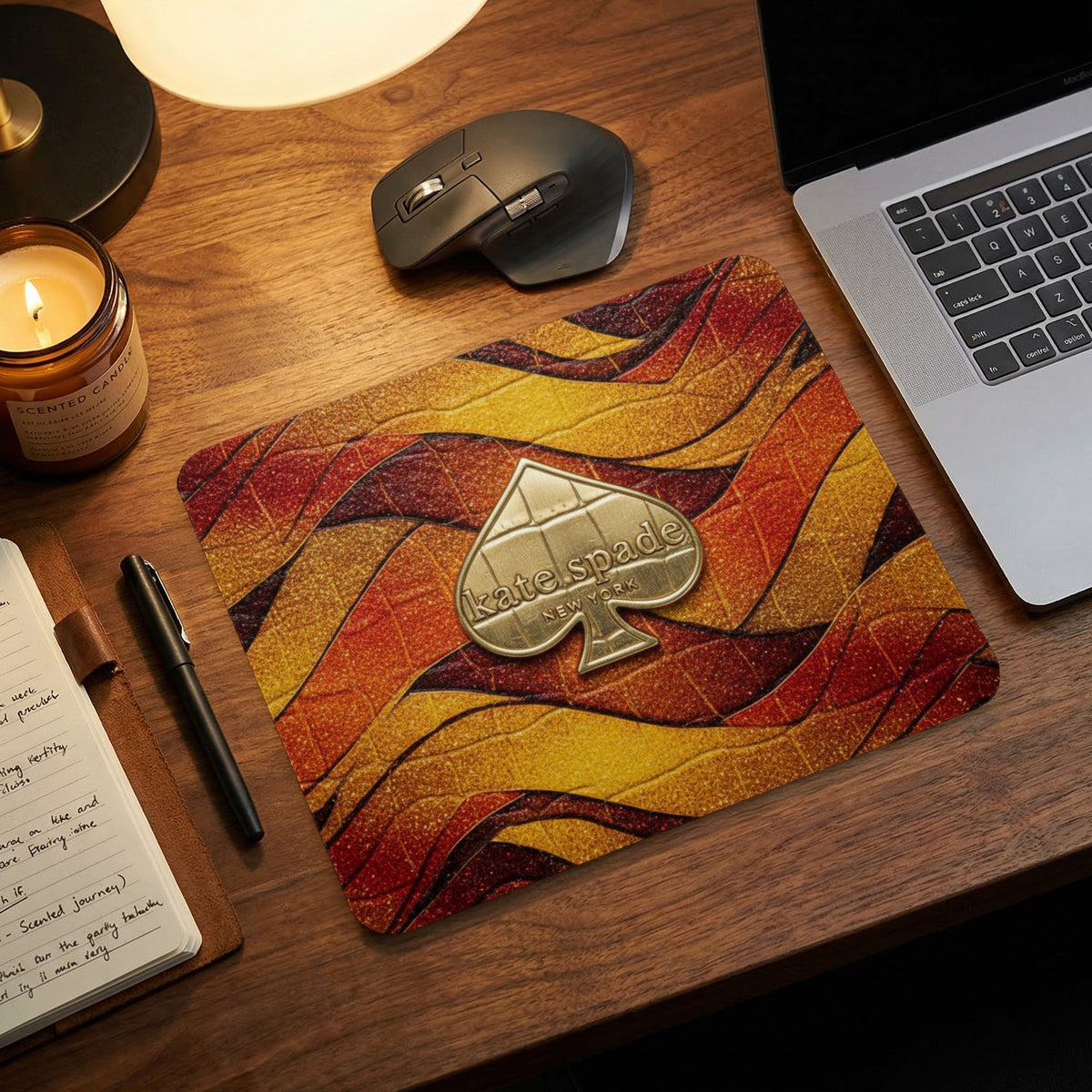 Kate Spade New York mousepad with a gold spade logo on a wavy, glittery orange and gold pattern.
