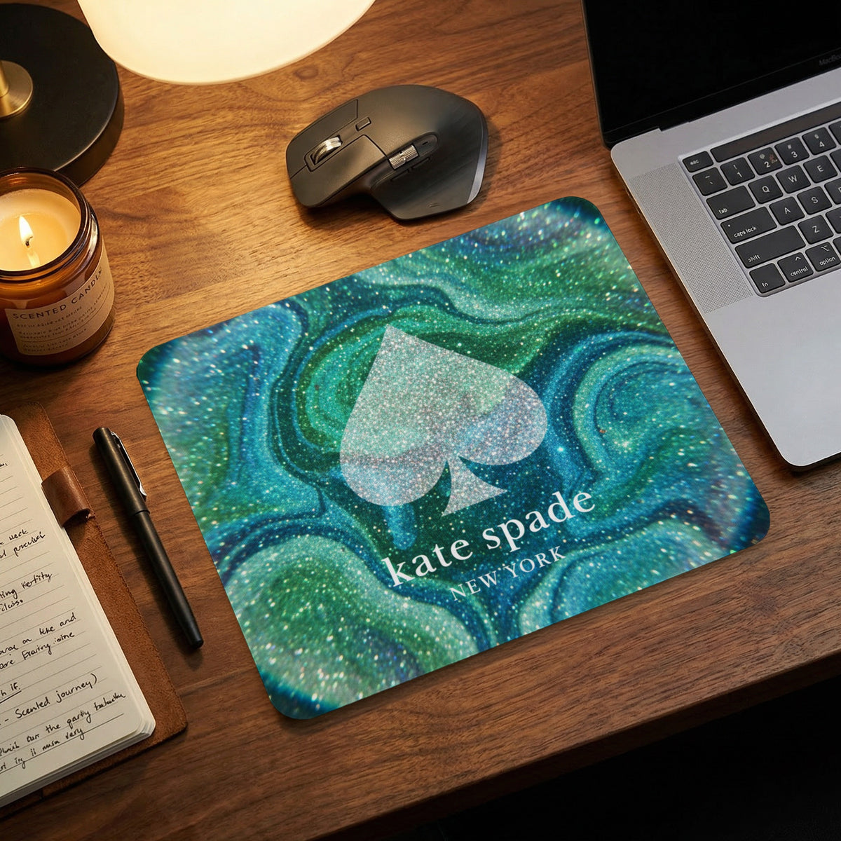 Kate Spade New York mousepad with sparkling green and blue agate pattern.