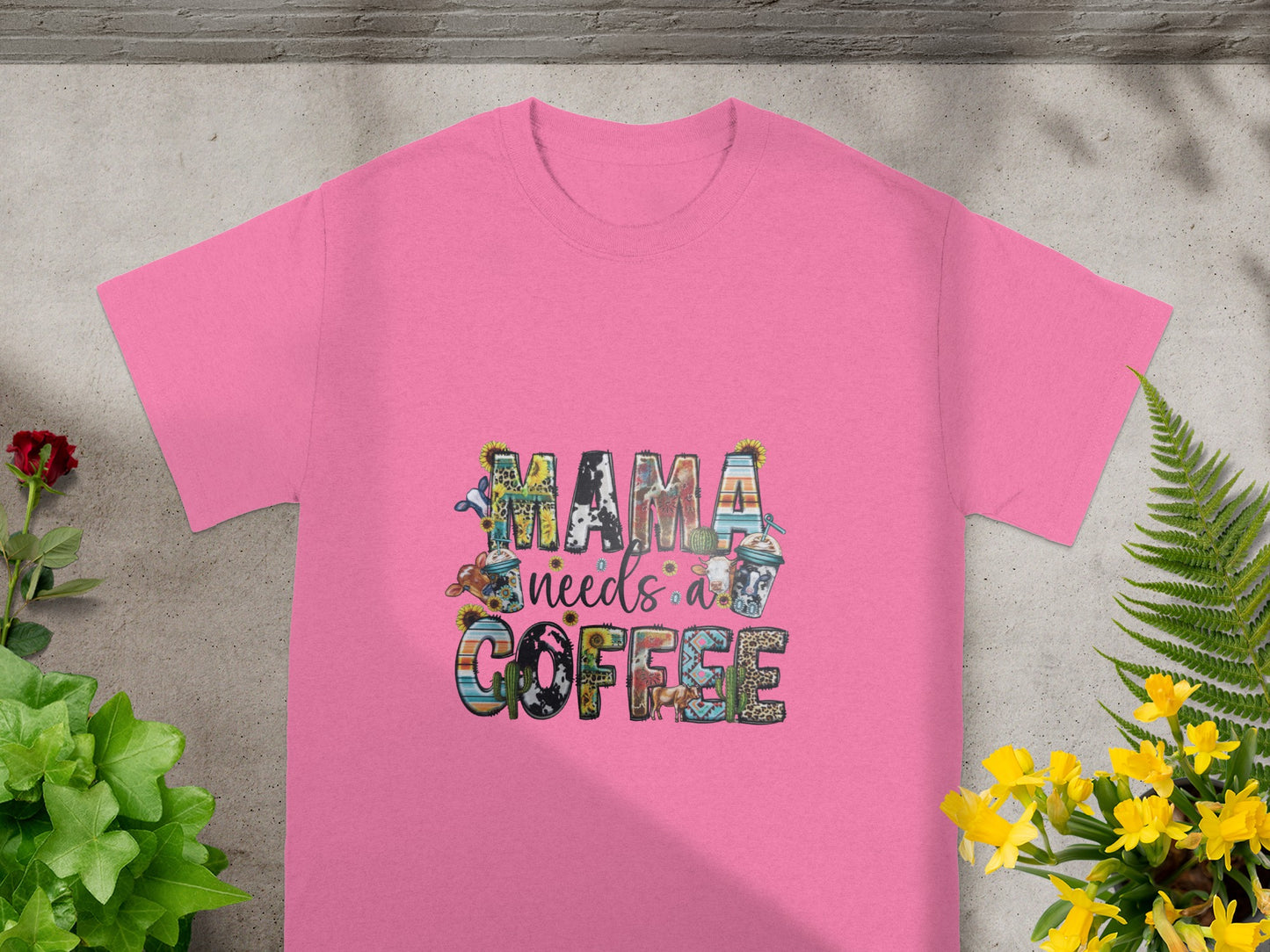 Mama Needs a Coffee Text Design Pink Shirt Product