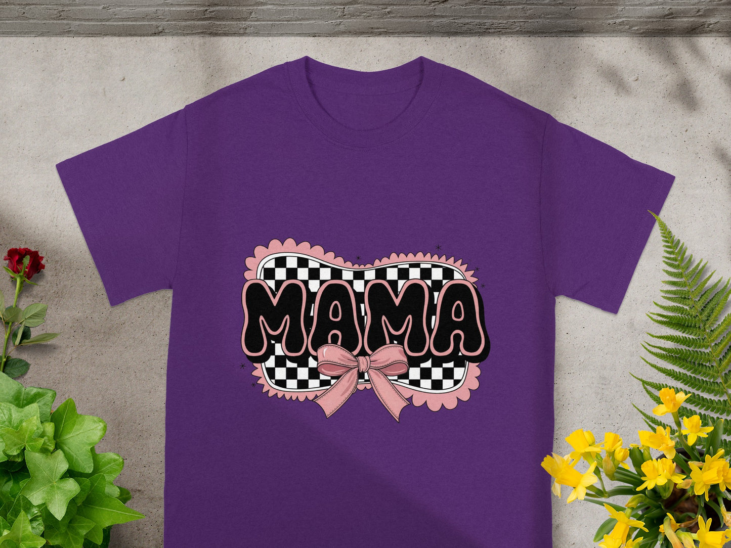 Purple T-Shirt with Mama Design and Checkered Background