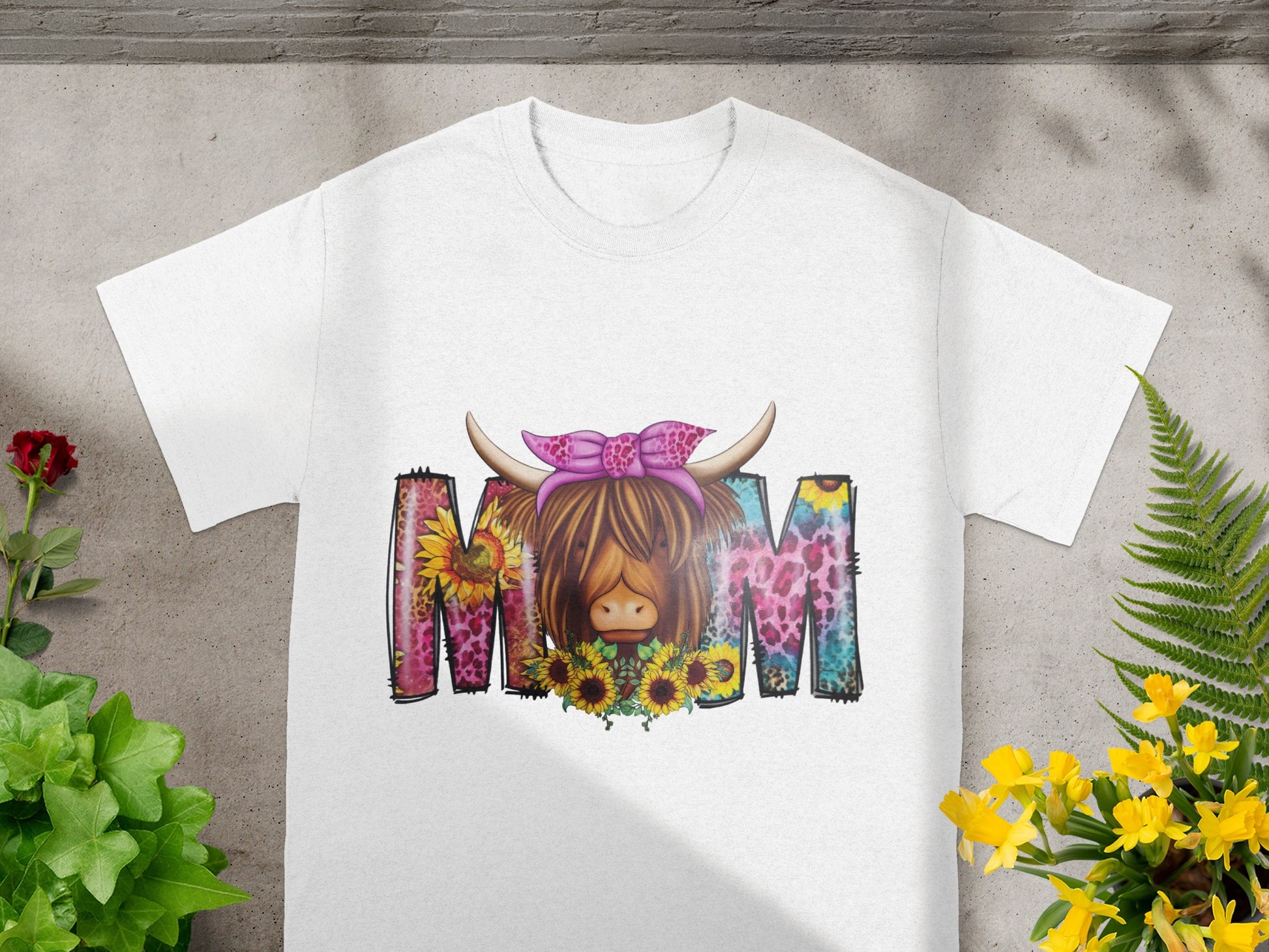 Cute Highland Cow Mom Graphic Tee with Sunflowers