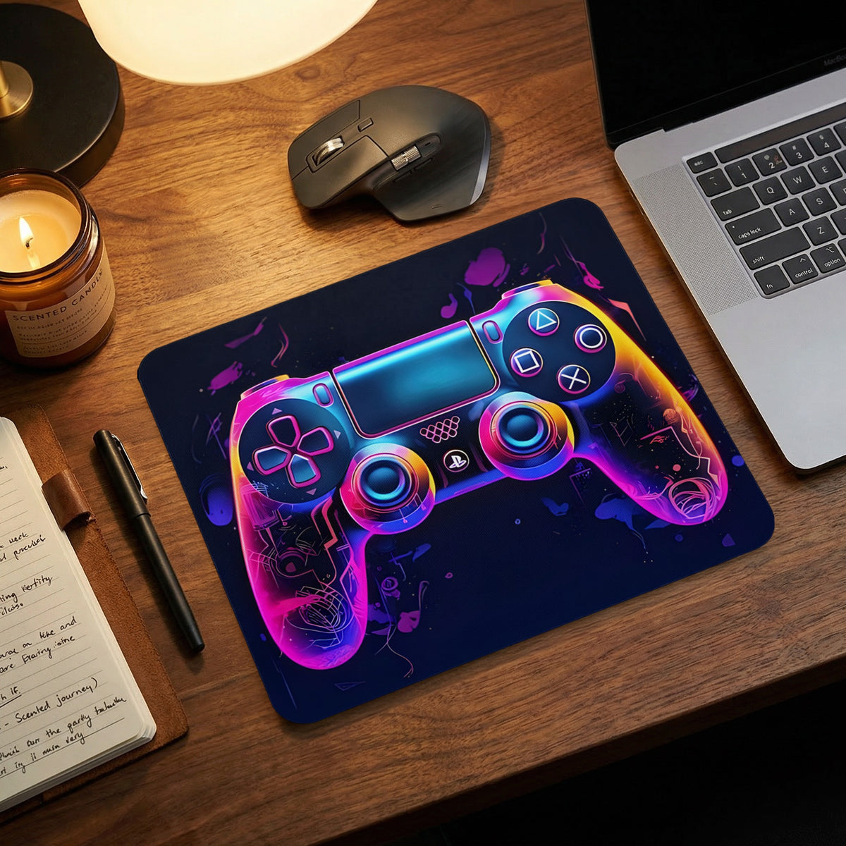 A mousepad with a vibrant neon illustration of a gaming controller on a wooden desk.