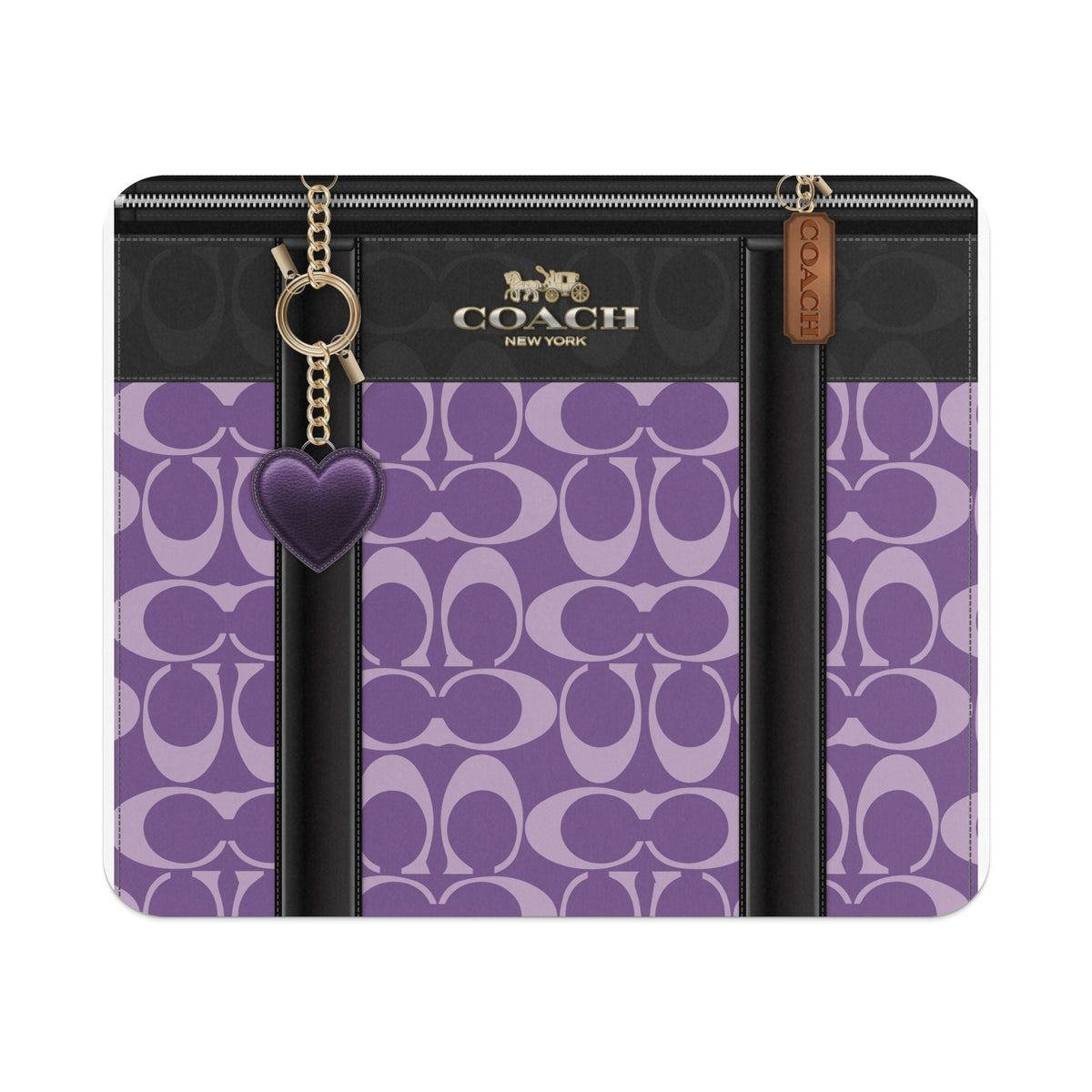 Coach wallet with purple C monogram pattern, gold hardware, and heart charm.