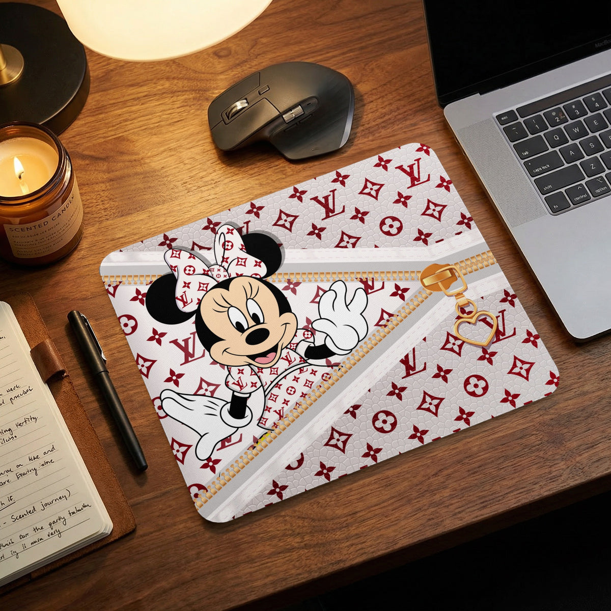 Minnie Mouse with red monogram pattern mousepad and gold heart zipper charm.